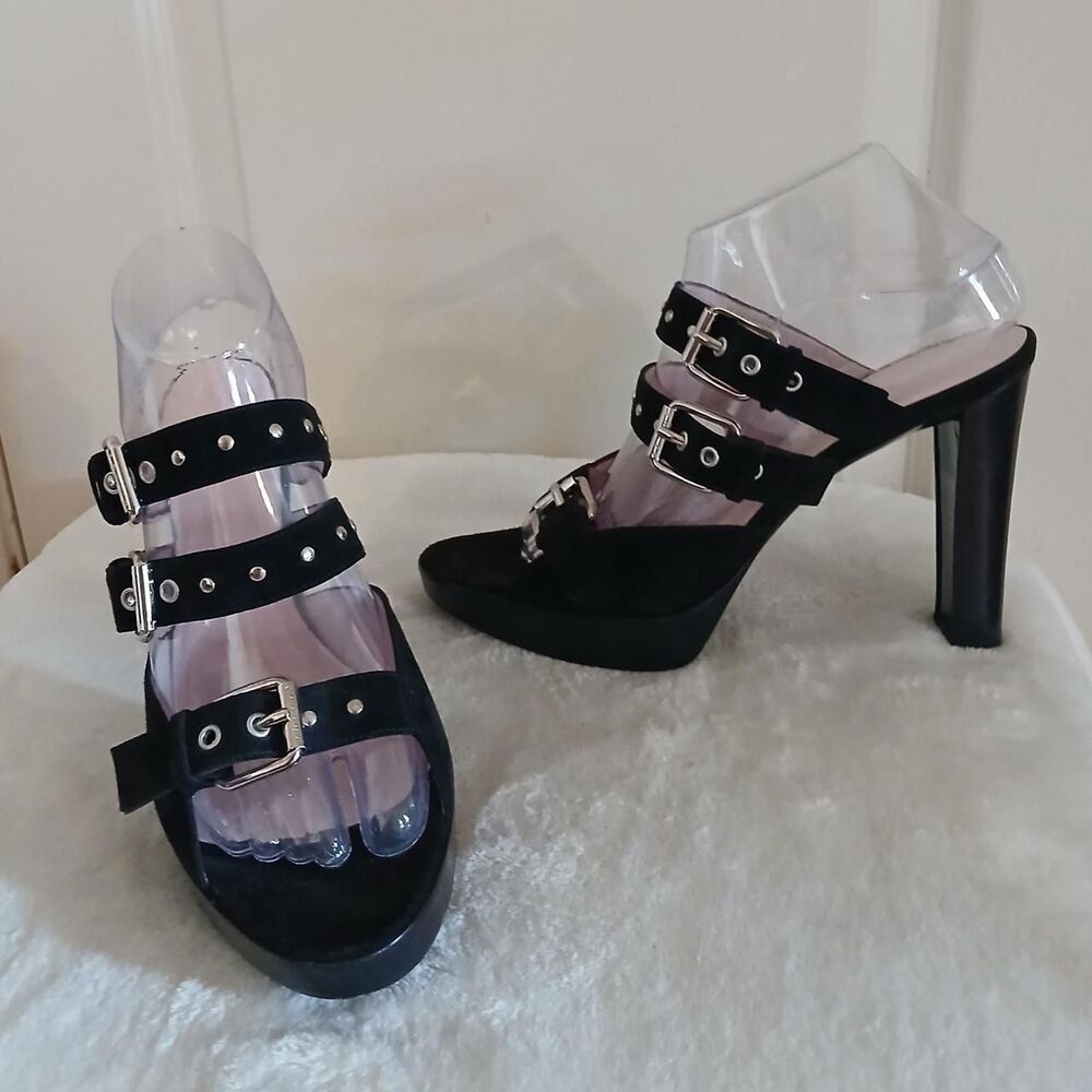 CÉLINE Black Suede Platform Sandals Chunky Block Heel Buckle Straps 40 Luxury